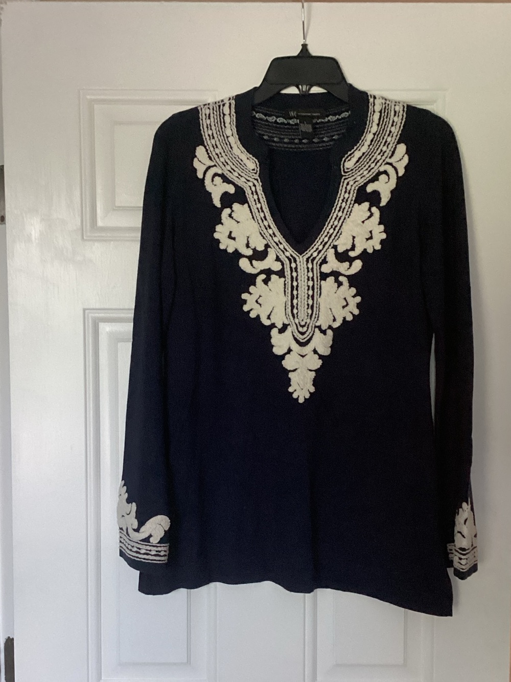 INC International Concepts Navy Tunic with Cream Embroidery